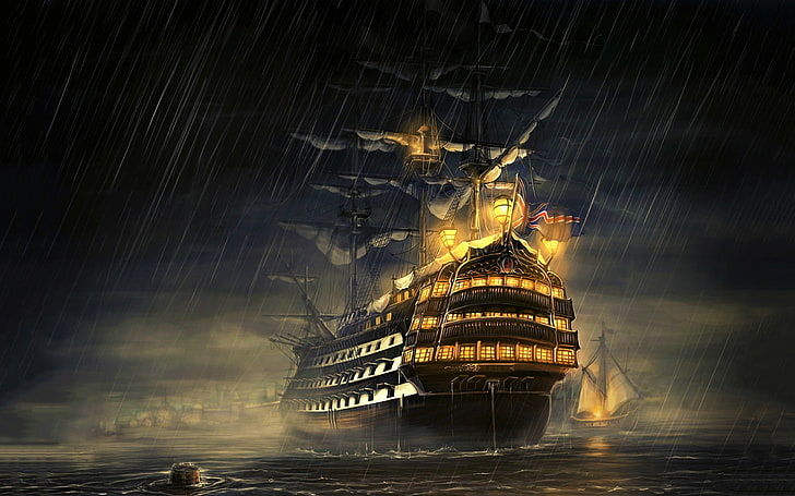 brown ship on ocean while raining digital wallpaper, ship, navy, Royal Navy, sailing ship, sea, rain, Manowar, water, artwork, HD wallpaper