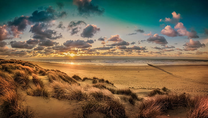 коричневый песчаный берег, Lombardsijde, SamYang, мм, пляж, природа, закат, море, песок, пейзаж, небо, пейзажи, HD обои