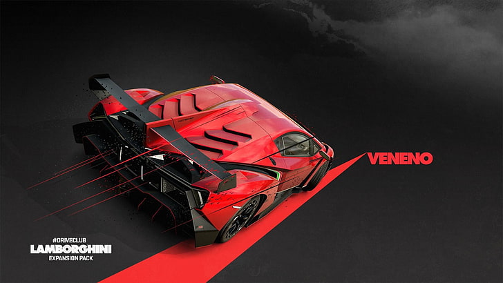 червена и черна илюстрация на автомобил Lamborghene, Lamborghini, Lamborghini Veneno, Driveclub, видео игри, среден двигател, италиански автомобили, Veneno, превозно средство, Need for Speed, Need for Speed: Rivals, HD тапет