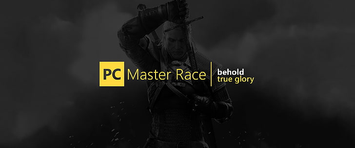 PC Master Race текст, компьютерные игры, PC Master Race, Геральт из Ривии, Ведьмак, Ведьмак 3: Дикая Охота, HD обои