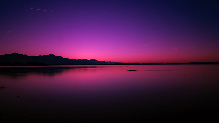 fioletowy krajobraz, odbicie, zmierzch, wieczór, różowe niebo, jezioro, horyzont, poświata, spokój, noc, zachód słońca, sylwetka, Tapety HD