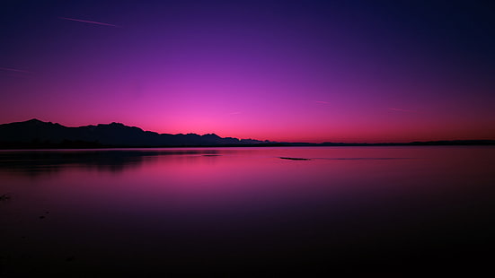 fioletowy krajobraz, odbicie, zmierzch, wieczór, różowe niebo, jezioro, horyzont, poświata, spokój, noc, zachód słońca, sylwetka, Tapety HD HD wallpaper