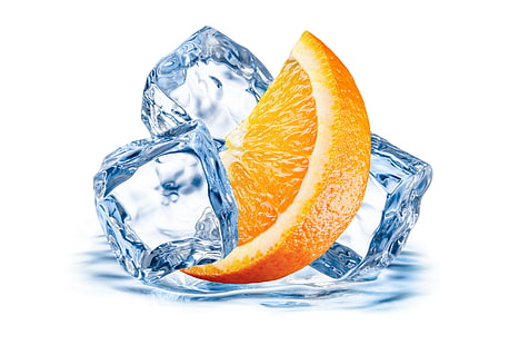 rodaja de naranja en tres cubitos de hielo fondo de pantalla, naranja, hielo, jugoso, cítricos, Fondo de pantalla HD HD wallpaper