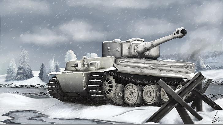 gray battle tank, winter, war, figure, Tiger, tank, Art, German, The second World war, heavy, Panzerkampfwagen Vl, anti-hedgehog, HD wallpaper