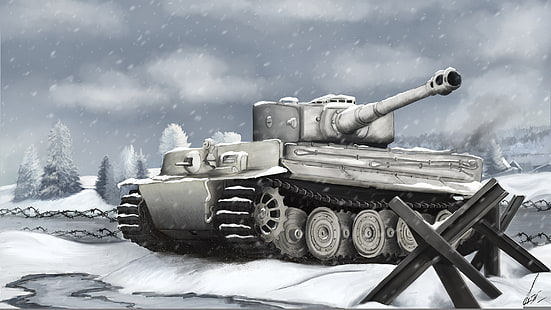 сив боен танк, зима, война, фигура, Тигър, танк, Изкуство, Немски, Втората световна война, тежък, Panzerkampfwagen Vl, анти-таралеж, HD тапет HD wallpaper