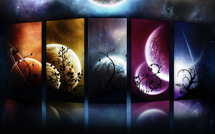 Interesting Digital Art, floral with planets decor, background, planets, picture, paintings, HD wallpaper