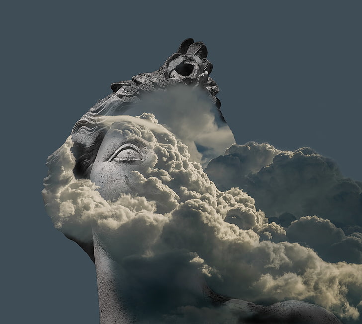 double exposition, statue, photo manipulation, nuages, 3D, Fond d'écran HD