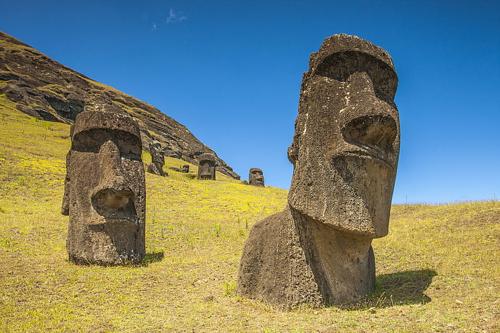 Moai statues, the sky, slope, Easter island, statue, Chile, Rapa Nui, moai, HD wallpaper