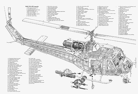 Military Helicopters, Bell UH-1 Iroquois, Schematic, HD wallpaper HD wallpaper