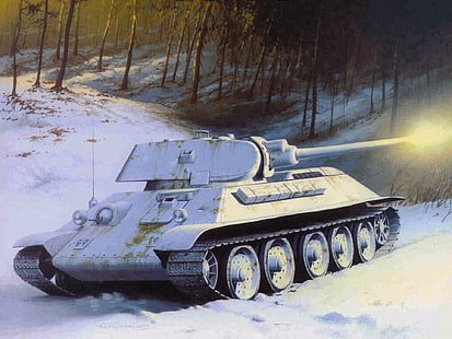 grå och svart krigstank, vinter, vit, snö, träd, blixt, skott, konst, tank, kamouflage, sovjetisk, genomsnitt, period, T-34-76, Det stora patriotiska kriget, HD tapet HD wallpaper