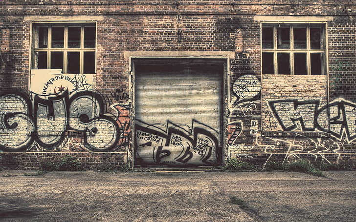 черно и сиво текст графити стена, стена, град, графити, улица, стар, HD тапет