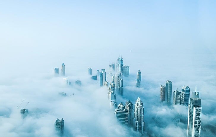 Miasta, Dubaj, Antena, Budynek, Miasto, Mgła, Drapacz chmur, Zjednoczone Emiraty Arabskie, Tapety HD
