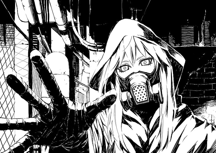 anime character with mask illustration, artwork, monochrome, drawing, cartoon, gas masks, Megpoid Gumi, hoods, fence, bricks, HD wallpaper