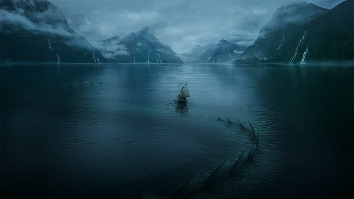 Ilustración de velero blanco, arte digital, montañas, lago, barco, monstruos marinos, niebla, Fondo de pantalla HD