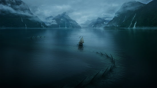 illustrazione bianca della barca a vela, arte digitale, montagne, lago, nave, mostri marini, nebbia, Sfondo HD HD wallpaper