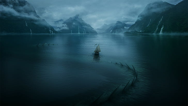 lake, sea monsters, ship, digital art, mountains, mist, HD wallpaper
