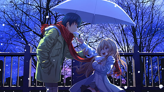 Toradora!, anime, Ryuuji Takasu, Aisaka Taiga, umbrella, snow, anime boys, anime girls, HD wallpaper HD wallpaper