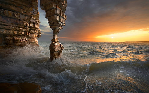 Cuerpo de agua, naturaleza, paisaje, puesta de sol, mar, roca, cueva, erosión, nubes, cielo, costa, China, agua, Fondo de pantalla HD HD wallpaper