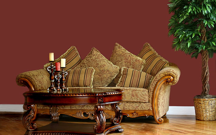 Belle chambre, canapé en tissu marron, chambre, plante, agréable, arbre, salon, artificiel, table, bougies, design, 3d et abstrait, Fond d'écran HD