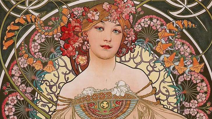 Alphonse Mucha, ilustracja, secesja, sztuka tradycyjna, kwiatowy, Tapety HD