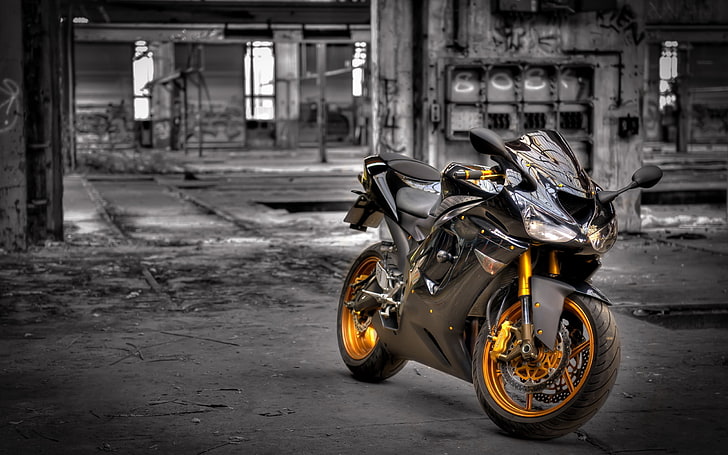 黒と金のsportbikeの選択的な色の写真、川崎zx6-r、オートバイ、背景、 HDデスクトップの壁紙