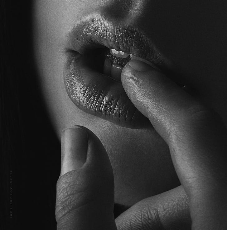 women, model, monochrome, lips, fingers, Igor Egorov, HD wallpaper