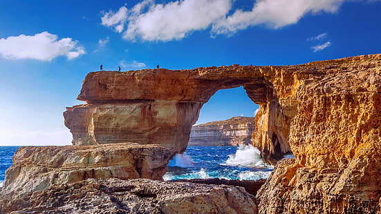 mar, gente, rocas, isla, Malta, Gozo, Dwejra Beach, Fondo de pantalla HD HD wallpaper