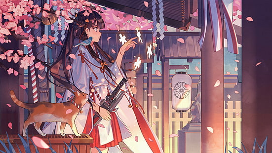 Anime, Anime Girls, Miko, Schwert, Katze, Vögel, lange Haare, HD-Hintergrundbild HD wallpaper