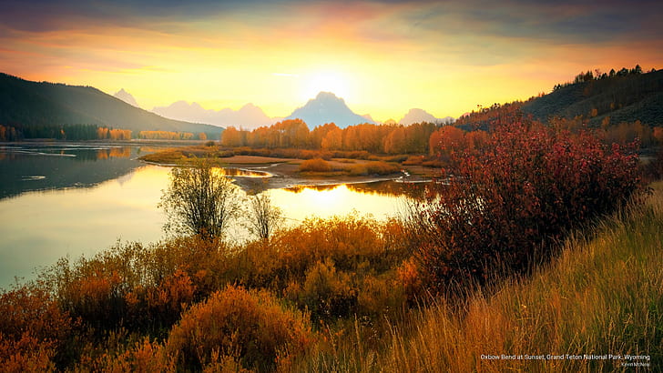 Oxbow Bend at Sunset, Grand Teton National Park, Wyoming, Fall, HD wallpaper