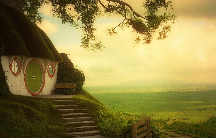 white and black wooden hill house, greens, Nora, the Lord of the rings, art, shop, steps, house, Shir, The Shire, HD wallpaper