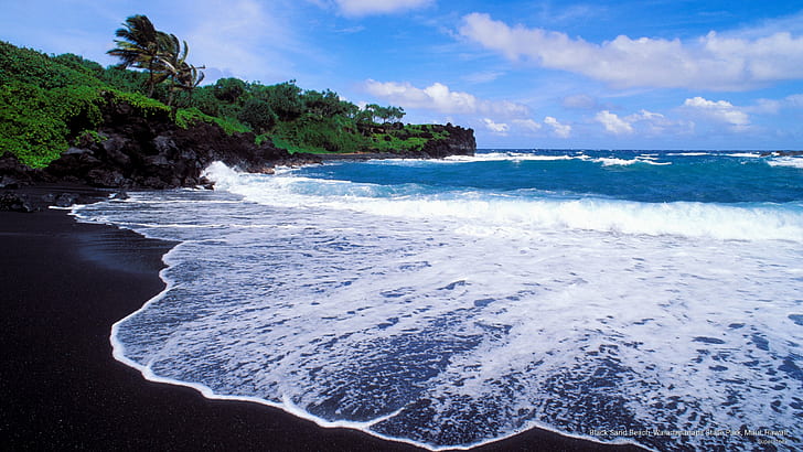 Playa de arena negra, Waianapanapa State Park, Maui, Hawaii, Playas, Fondo de pantalla HD