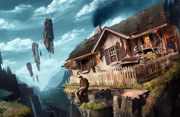 man sitting on edge of cliff near house game graphic wallpaper, fisherman, house, car, broken, weightlessness, HD wallpaper
