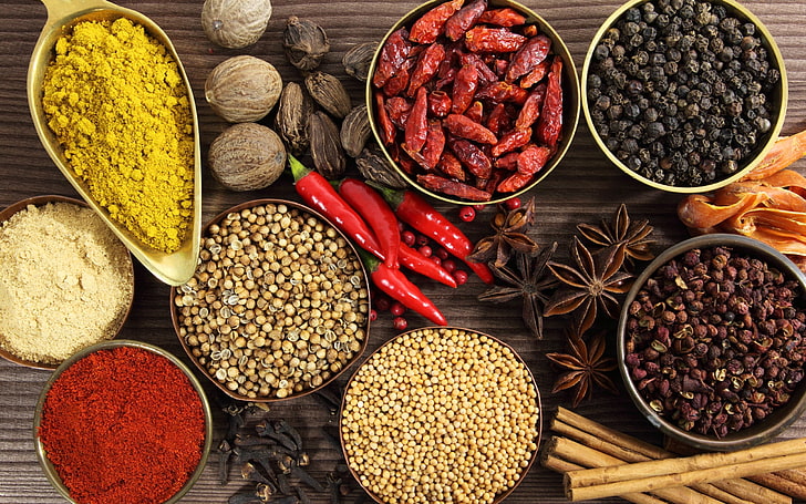 assorted spices, spice, variety, mix, plates, HD wallpaper