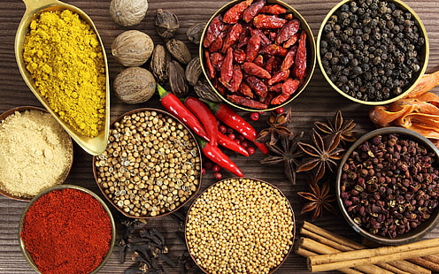 assorted spices, spice, variety, mix, plates, HD wallpaper HD wallpaper
