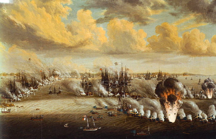 油、絵、キャンバス、1790年7月9-10日、ウーハン・シトリック・シュルツ、「ロヘンザルムの戦い」、ロシア・スウェーデン戦争、スウェーデン軍の決定的な勝利、 HDデスクトップの壁紙