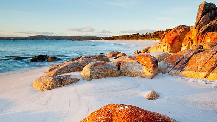 nature, landscape, sand, rocks, mountains, sky, clouds, sunset, water, beach, coast, lichen, Tasmania, Australia, HD wallpaper