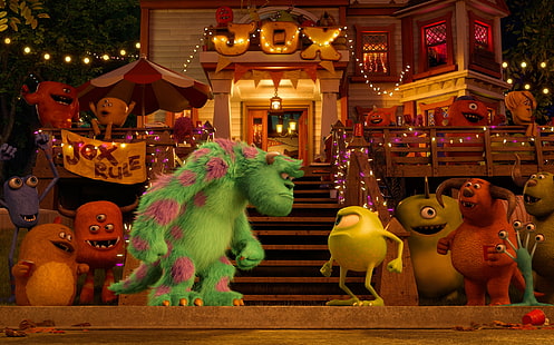 night, lights, cartoon, party, company, garland, students, Academy of monsters, Monsters University, Inc., Monsters Inc., Monsters, HD wallpaper HD wallpaper
