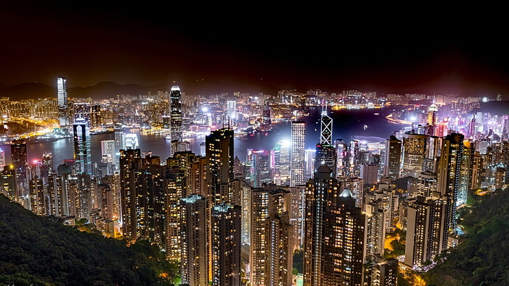 victoria peak, city, cityscape, hong kong, metropolis, night, skyline, china, skyscraper, downtown, lighting, asia, tower block, darkness, city lights, HD wallpaper