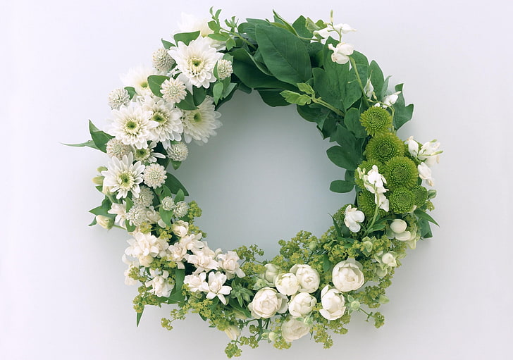 green and white wreath, ranunkulyus, chrysanthemum, wreath, leaves, HD wallpaper