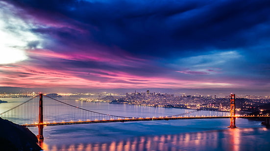 サンフランシスコ、カリフォルニア、アメリカ合衆国、ゴールデンゲートブリッジ、夕方、ゴールデンゲート、ブリッジ、街の明かり、ピンクの空、夕暮れ、空、曇り、曇り空、 HDデスクトップの壁紙 HD wallpaper