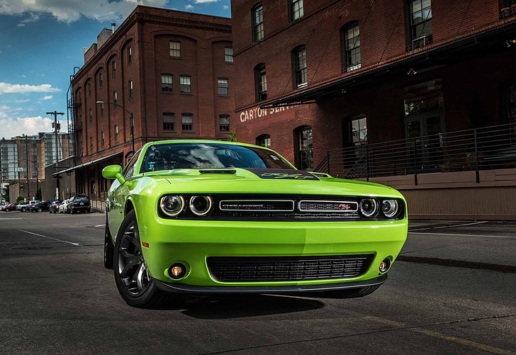 зеленый Dodge Challenger, Додж Челленджер, Dodge, городской, зеленый авто, автомобиль, HD обои