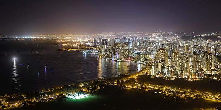 City Skyline photo during night time, hawaii, hawaii, at Night, City, Skyline, photo, night time, D600, Waikiki  Hawaii, Oahu, Diamond Head, Panorama, Cityscape, Ocean, Long Exposure, hong Kong, night, urban Skyline, downtown District, architecture, skyscraper, urban Scene, harbor, asia, china - East Asia, sea, famous Place, victoria Harbour - Hong Kong, building Exterior, built Structure, business, HD wallpaper