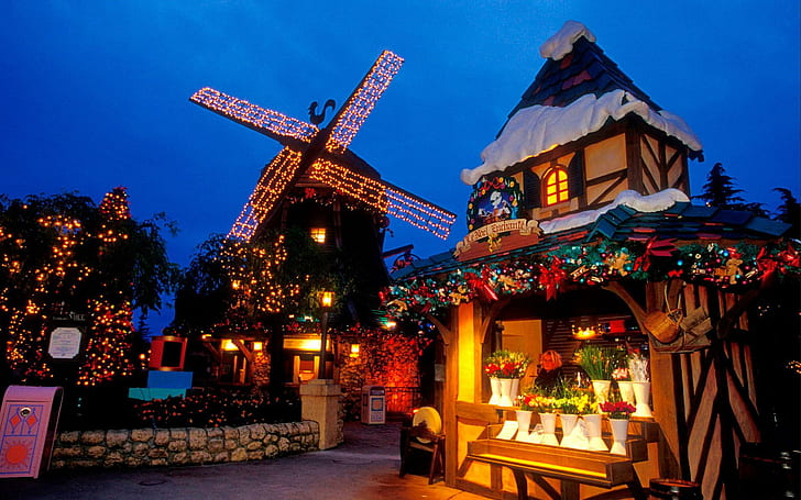 Christmas In Countryside, lovely, new year, cabin, hoiday, nice, windmill, beautiful, house, village, pretty, lights, fireplac, HD wallpaper