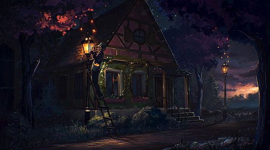 brown bungalow house near woods illustration, house, fairy tale, art, light, night, HD wallpaper HD wallpaper