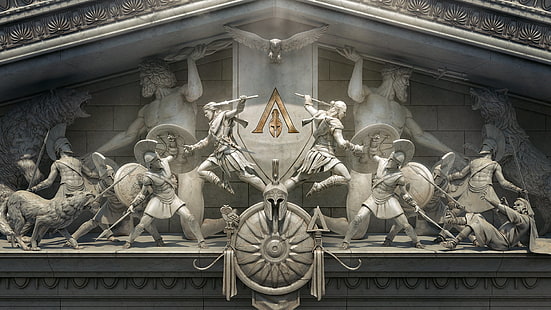 Assassin's Creed, Assassin's Creed Odyssey, statua, marmo, murale, Grecia, grecia antica, videogiochi, Sfondo HD HD wallpaper