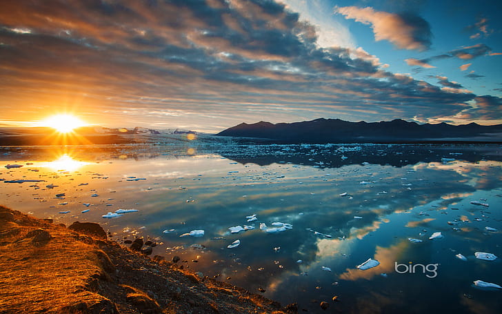 ekyulsaurloun, iceland, lagoon, lake, mountains, sunset, HD wallpaper