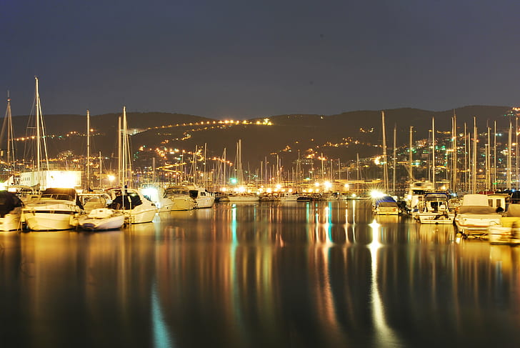 lighted yachts on calm body of water in distance lighted mountain mirrored on water during night time, yachts, calm, body of water, distance, mountain, mirrored, night time, light, lights, waves, overexposed, sea, seascape, long exposure, boat, ships, creative commons, reflections, reflection, city, marina, water, harbour, port, caos, cityscape, trieste, friuli venezia giulia, night, notte, harbor, nautical Vessel, yacht, commercial Dock, HD wallpaper