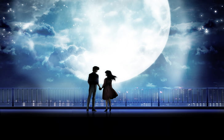 Аниме Арт Аниме Двойка, държейки ръцете на работния плот Moonlight, HD тапет