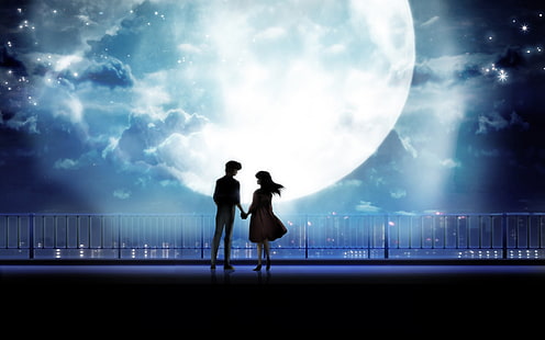Anime Art Anime Couple Holding Hands Moonlight Desktop, HD wallpaper HD wallpaper