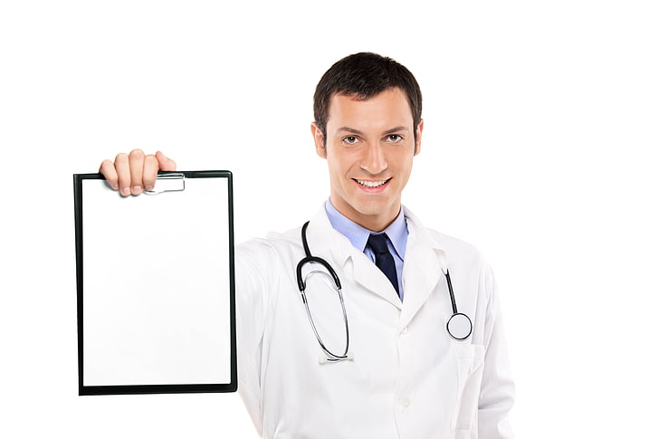 black stethoscope and clipboard, doctor, result, smile, white background, HD wallpaper